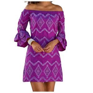 Boston Proper Womens Off Shoulder Dress Size Sm Purple Metallic Lace Bell Sleeve